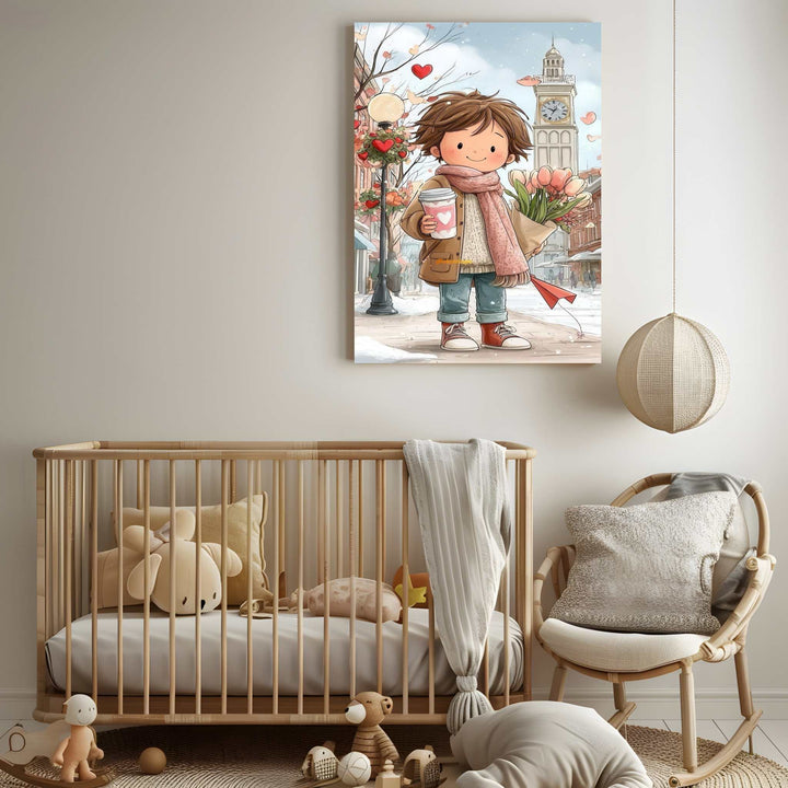 Sweet Valentine Boy Canvas Wall Art showing boy with flowers and warm drink in heart-filled city street