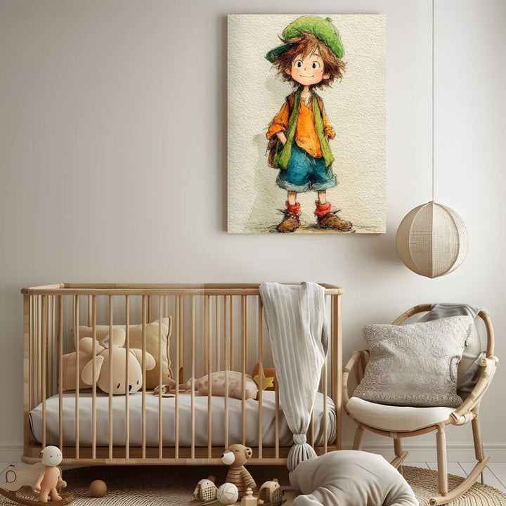 Cute little explorer boy watercolor canvas art for kids room decor