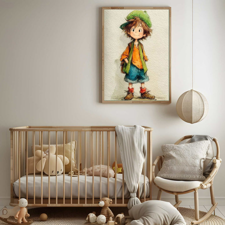 Framed illustration of a young boy with a green hat on a wall above a wooden cabinet.