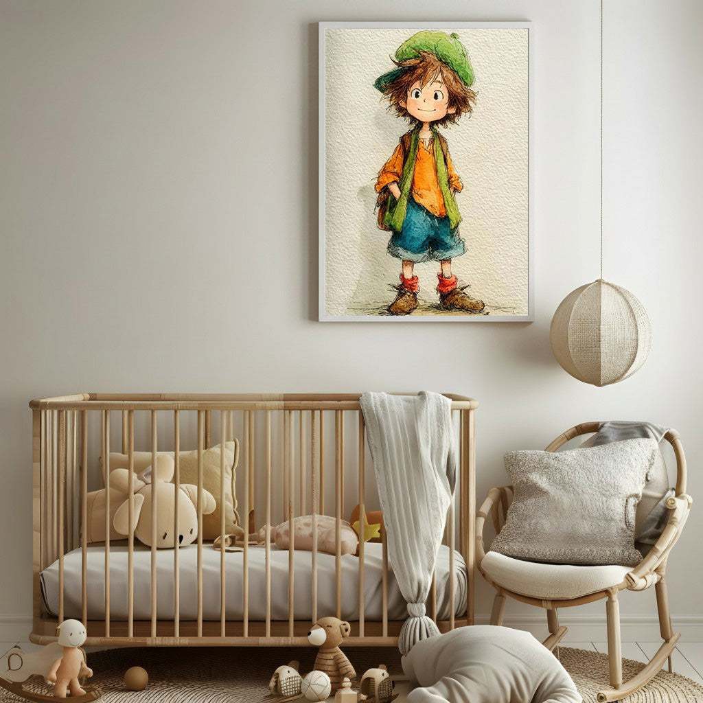 Framed illustration of a child in a room with a wooden cabinet and decor items.