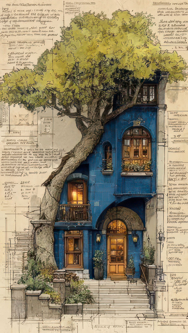 Architectural tree house canvas wall art with blue townhouse and tree illustration in MDF frame