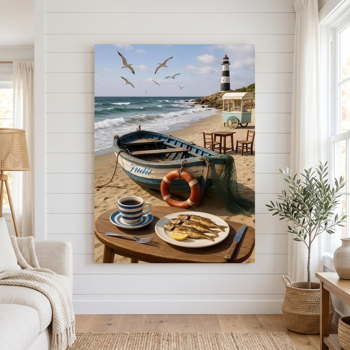 Coastal breakfast scene with fishing boat and lighthouse canvas wall art
