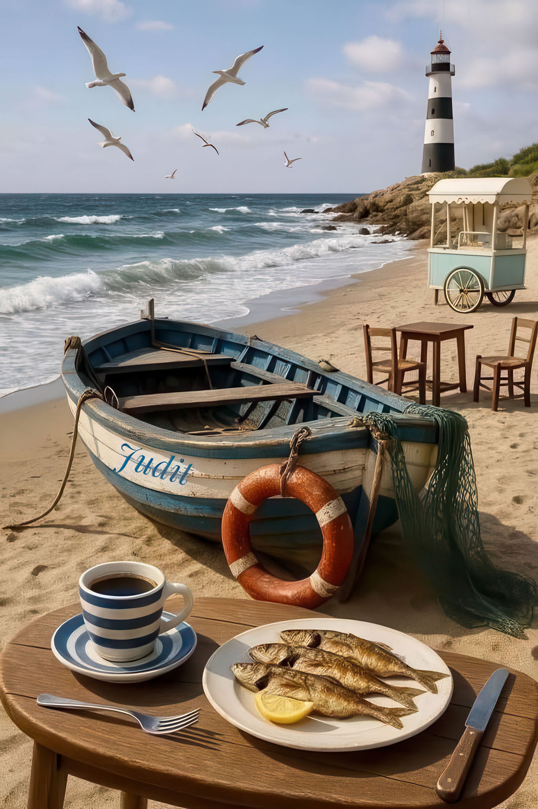Coastal breakfast scene with fishing boat and lighthouse canvas wall art