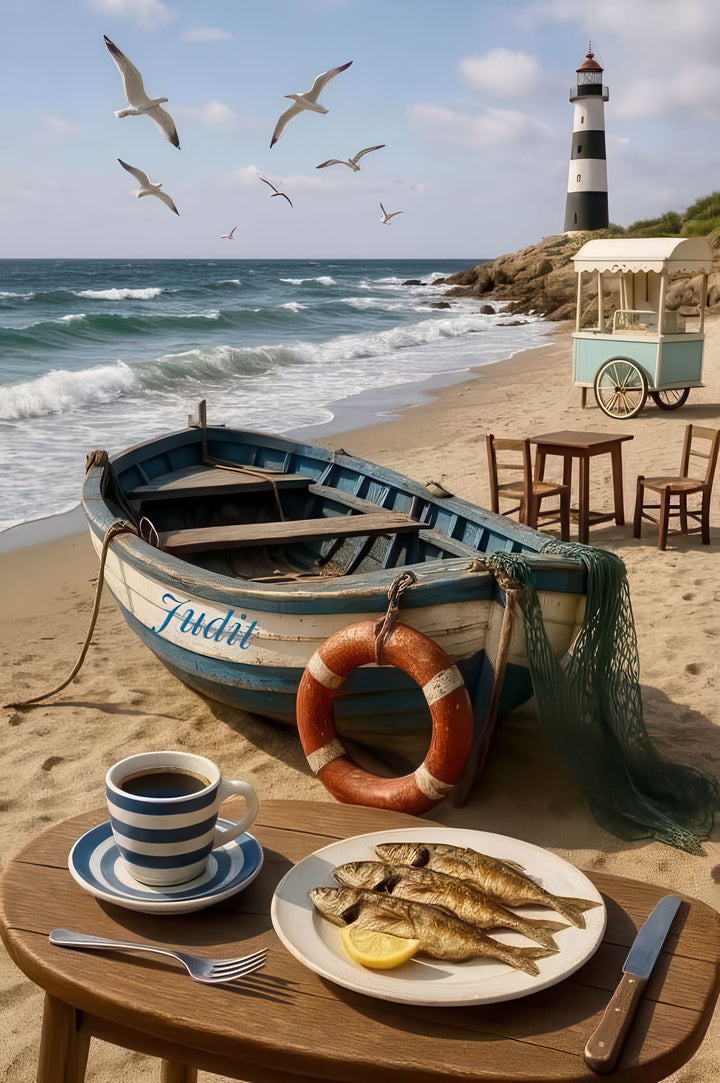 Coastal breakfast scene with fishing boat and lighthouse canvas wall art
