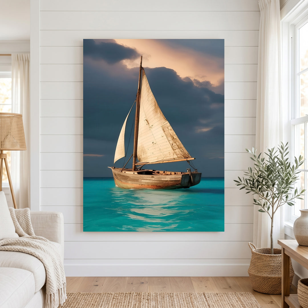Serene sailboat gliding on turquoise ocean canvas wall art with dramatic sky