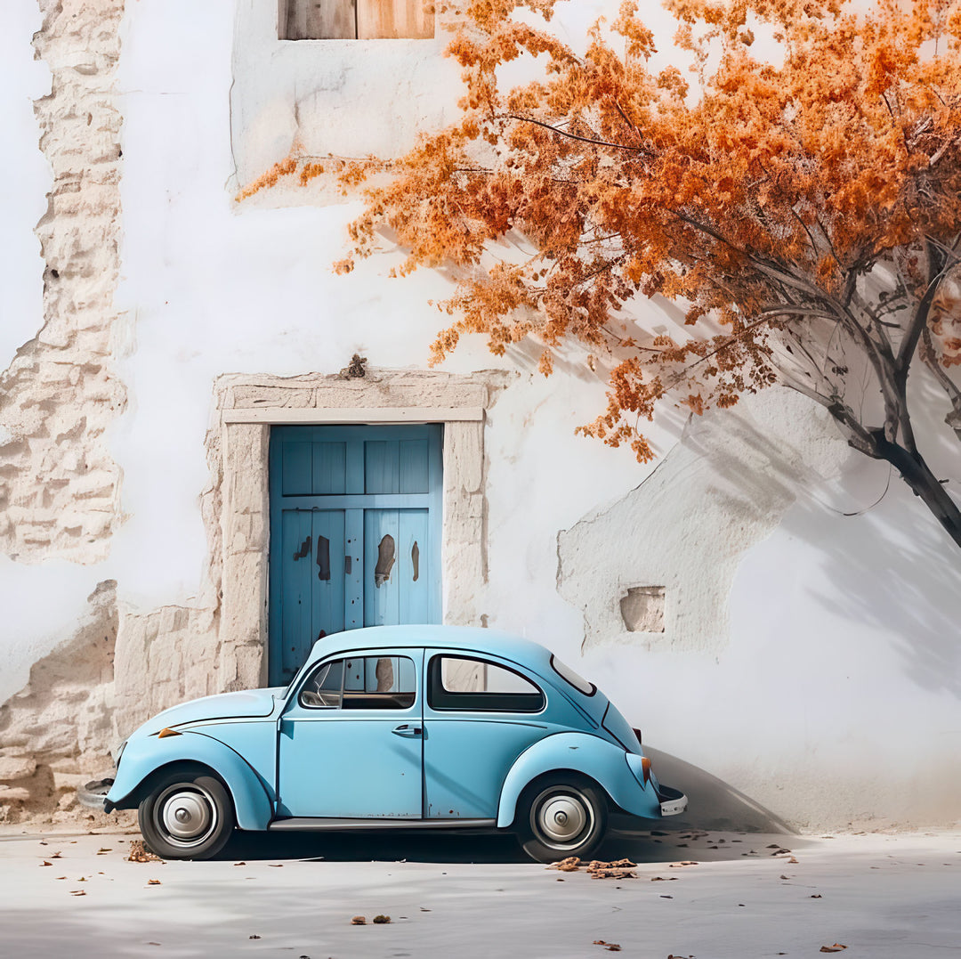 Vintage blue car wall canvas with rustic Mediterranean wall and autumn leaves, MDF frame, premium canvas