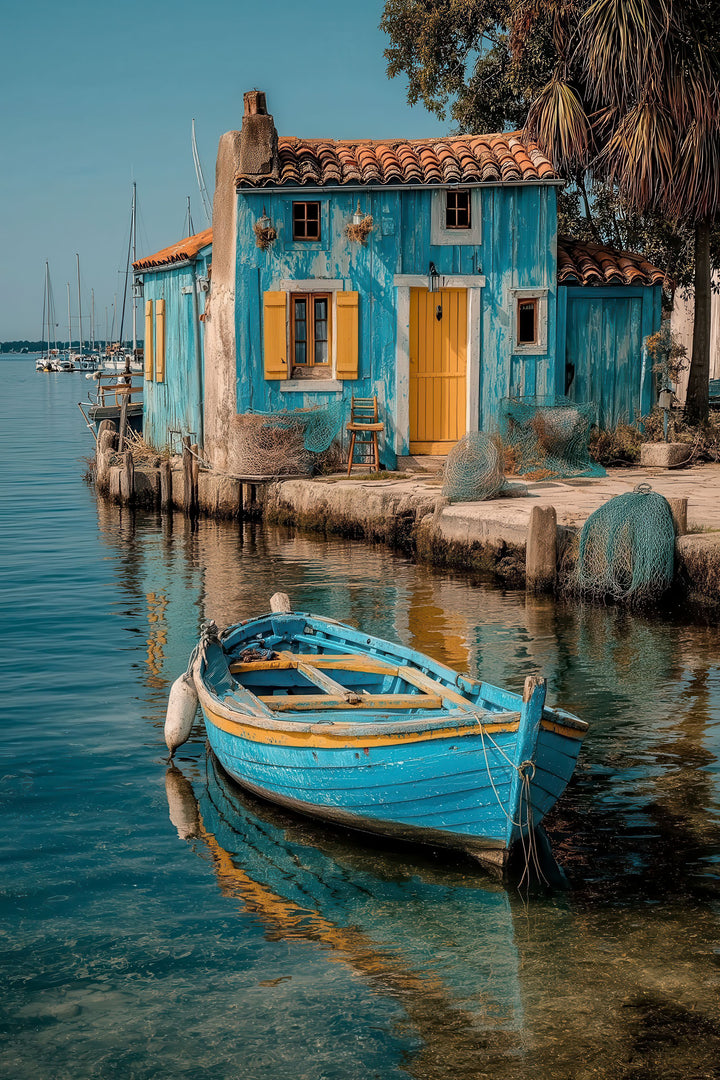 Mediterranean blue house and wooden boat on calm turquoise water canvas art