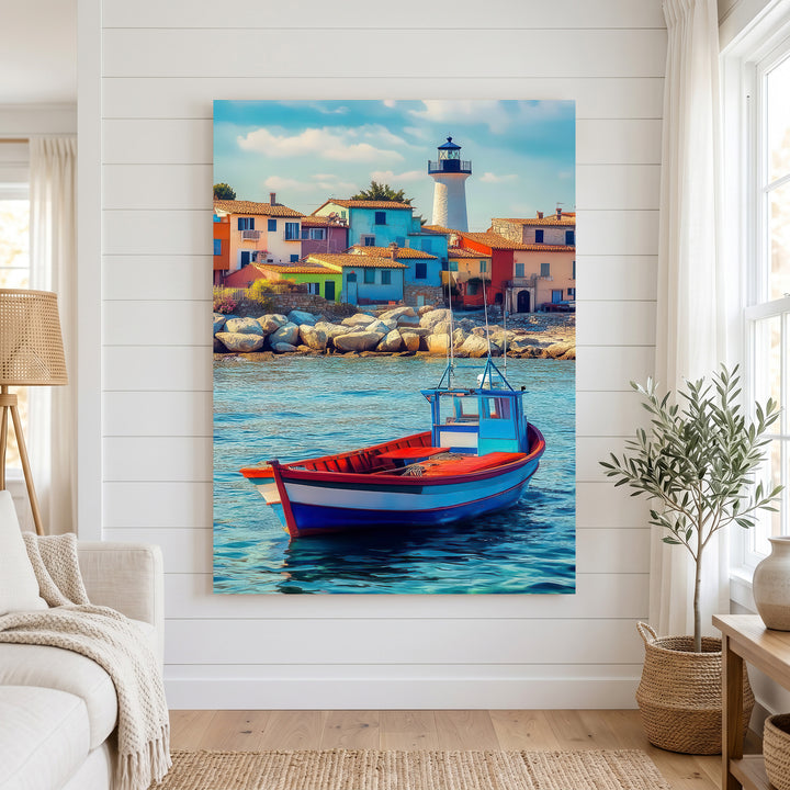 Colorful coastal village with vibrant buildings and wooden boat on calm sea canvas art