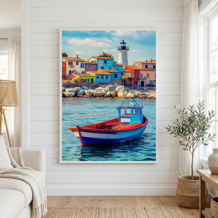 Colorful Coastal Village & Boat Canvas