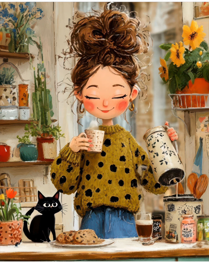 Cozy morning coffee canvas art showing a joyful girl and black cat in a warm kitchen setting