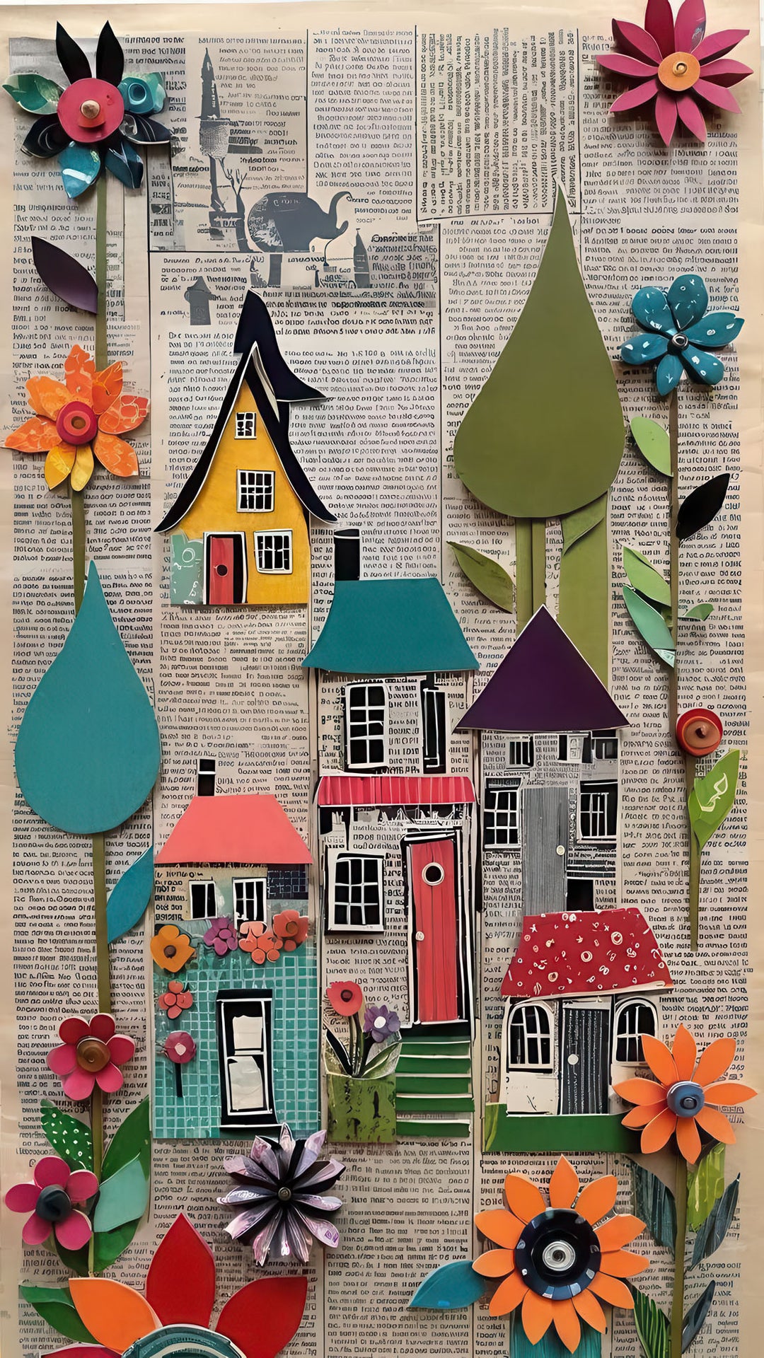 Whimsical Village Collage canvas art with colorful houses, flowers, trees, and vintage newspaper textures in MDF frame
