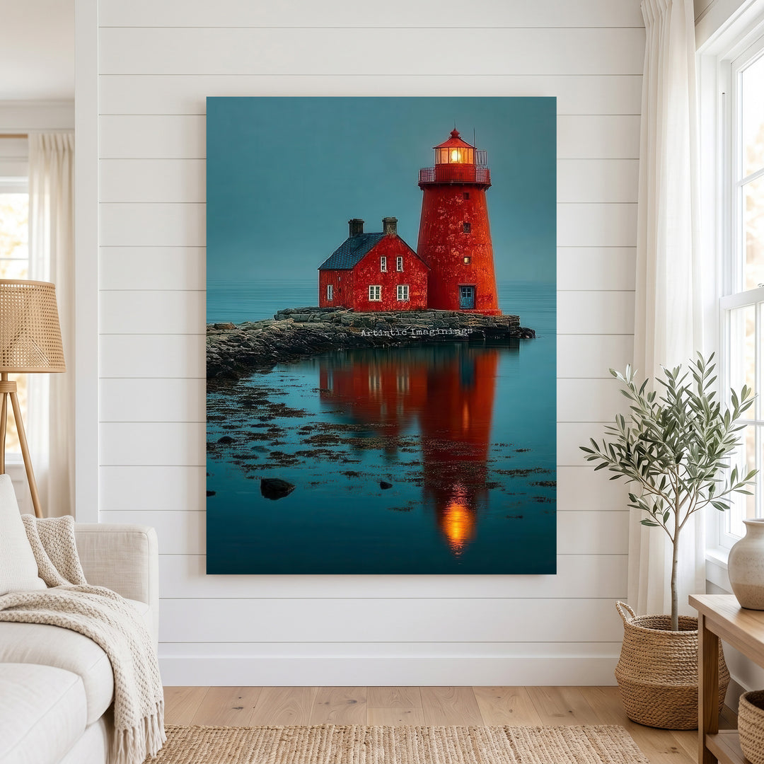 Red lighthouse and cottage reflection on calm blue water canvas with MDF frame and glass front panel