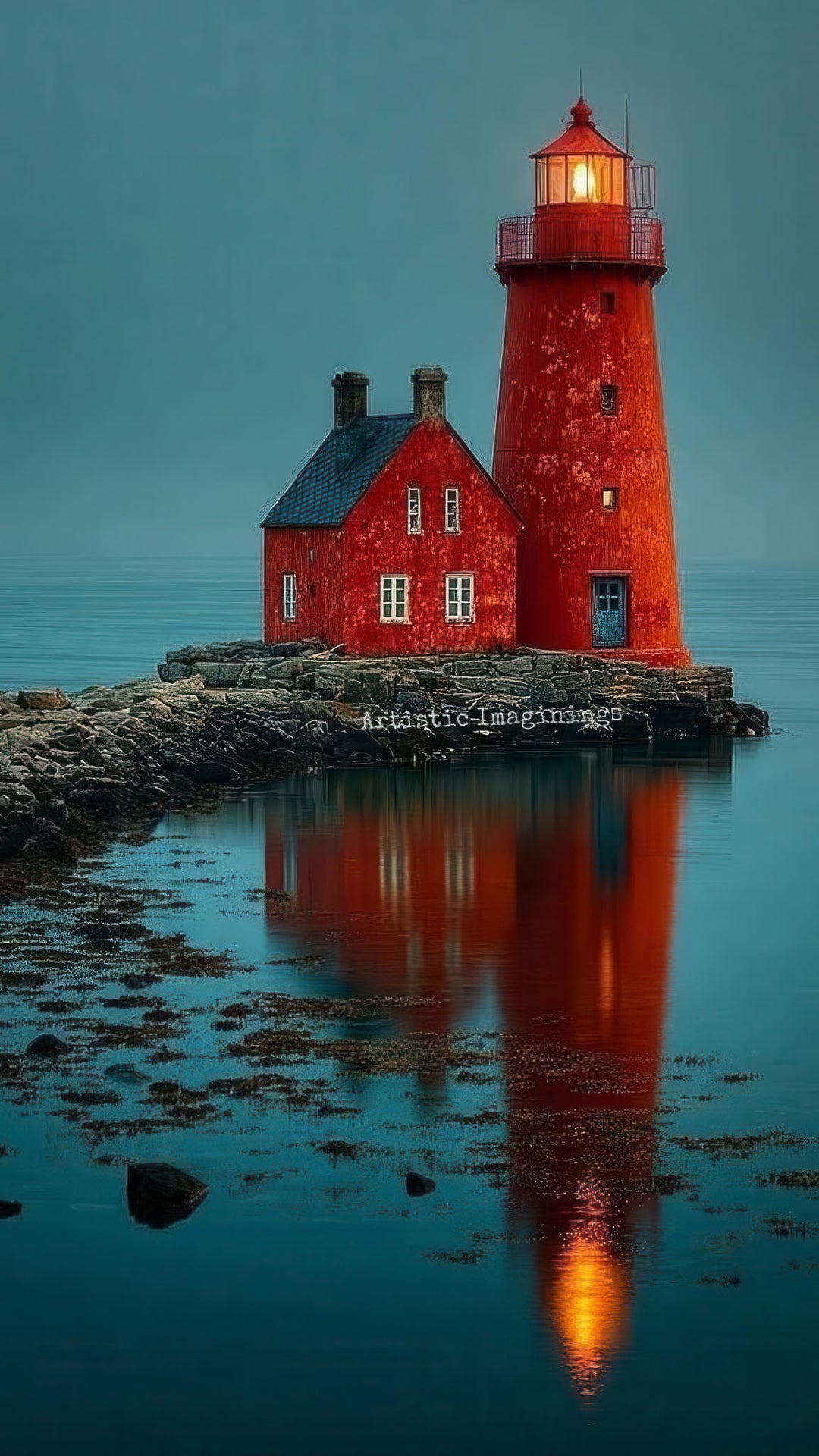 Red lighthouse and cottage reflection on calm blue water canvas with MDF frame and glass front panel