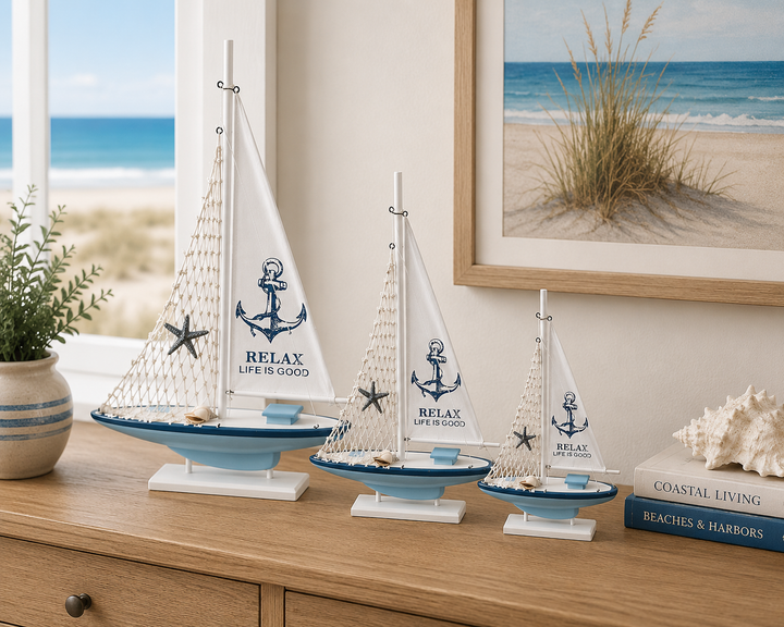 Nautical Wooden Sailboat Model Decor set of 3