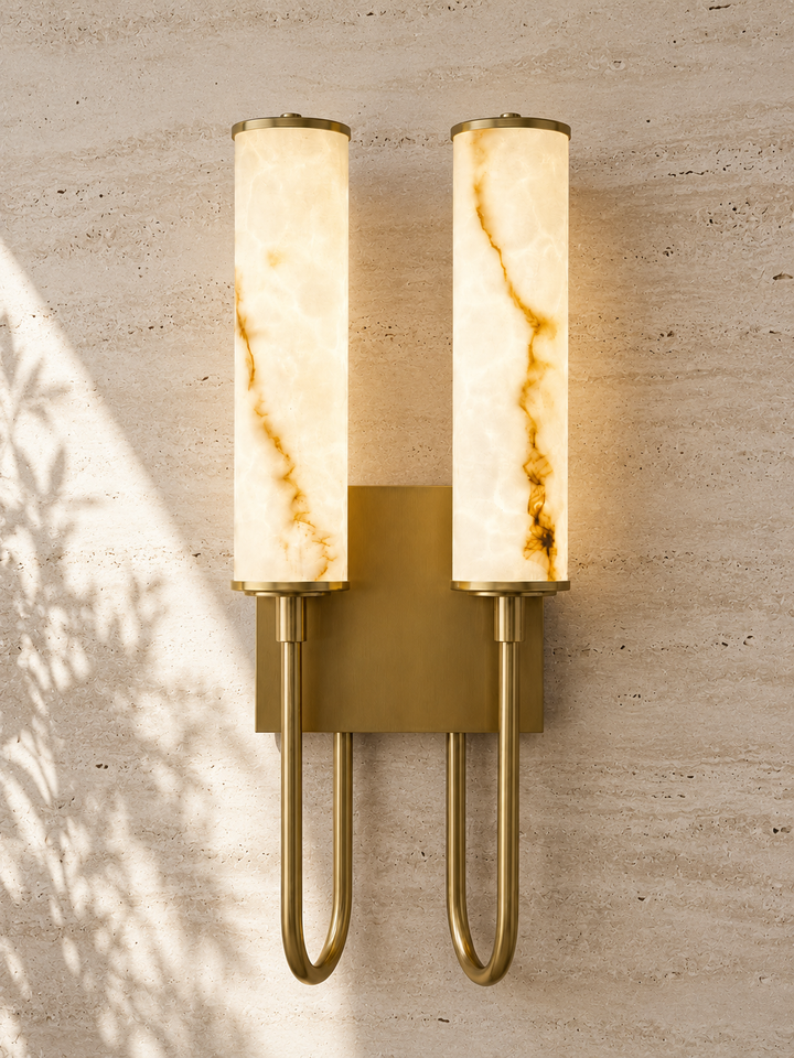 Modern Double Artificial Alabaster Brass Wall Sconce