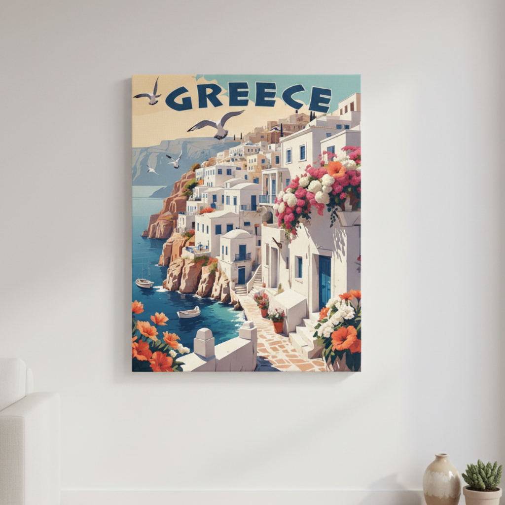 Greece Santorini vintage canvas poster of white hillside houses and blue sea with Mediterranean flowers and seagulls