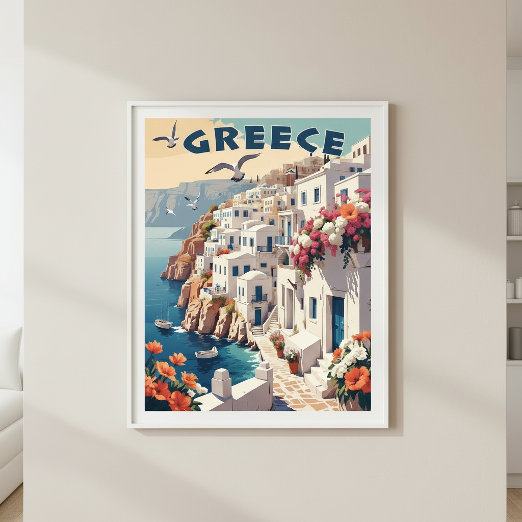 Greece Santorini Vintage Travel Poster Canvas