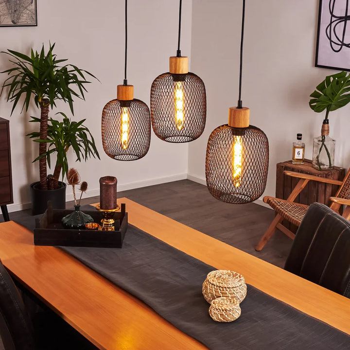 Industrial Mesh Pendant Light with Wooden Accent