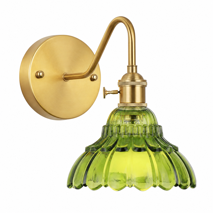 Vintage Green or Clear Ribbed Glass Wall Sconce or Pendant light with Brass Finish