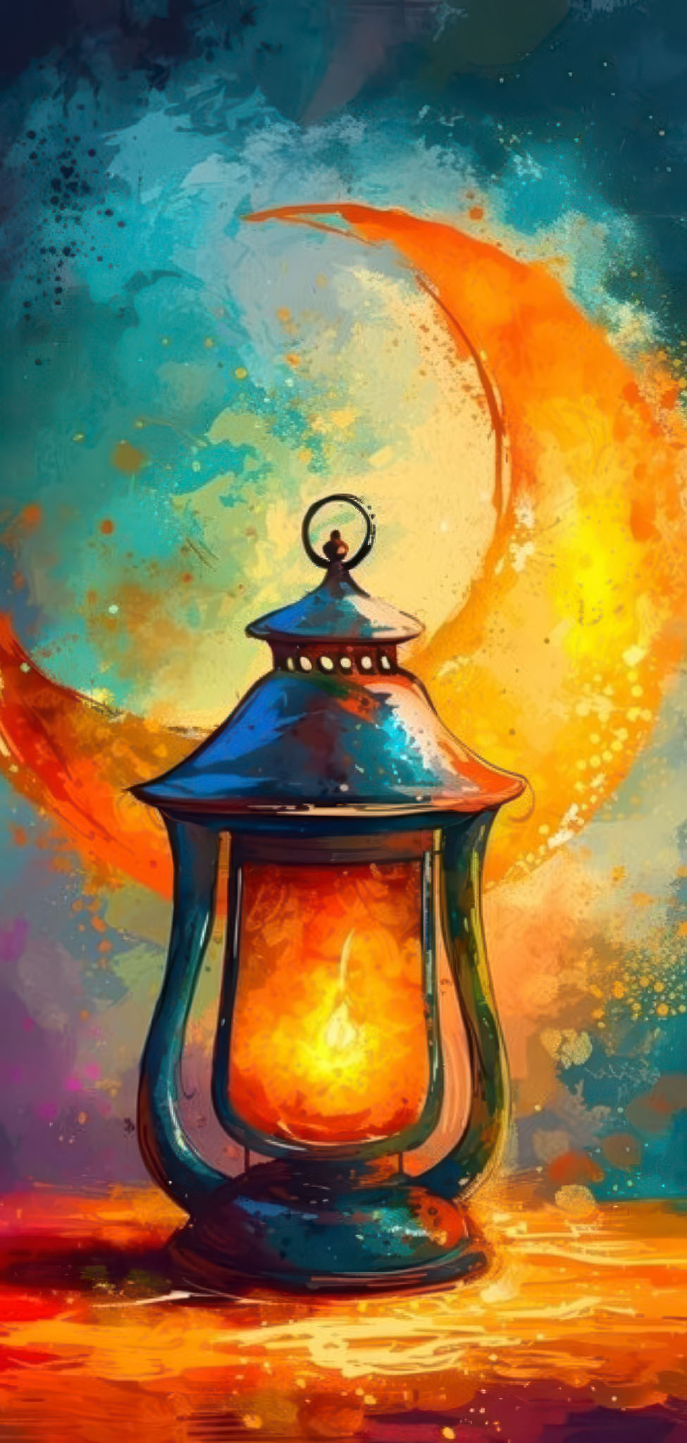 Frameless canvas art of glowing crescent moon lantern in vivid blues and warm golden tones symbolizing Ramadan nights
