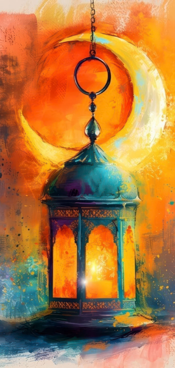 Hanging lantern crescent canvas art with glowing lantern and radiant moon in orange, teal, and gold tones