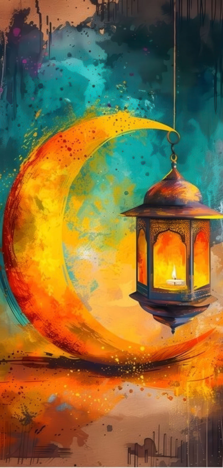 Vibrant canvas art of crescent moon hanging lantern in turquoise, gold, and orange tones