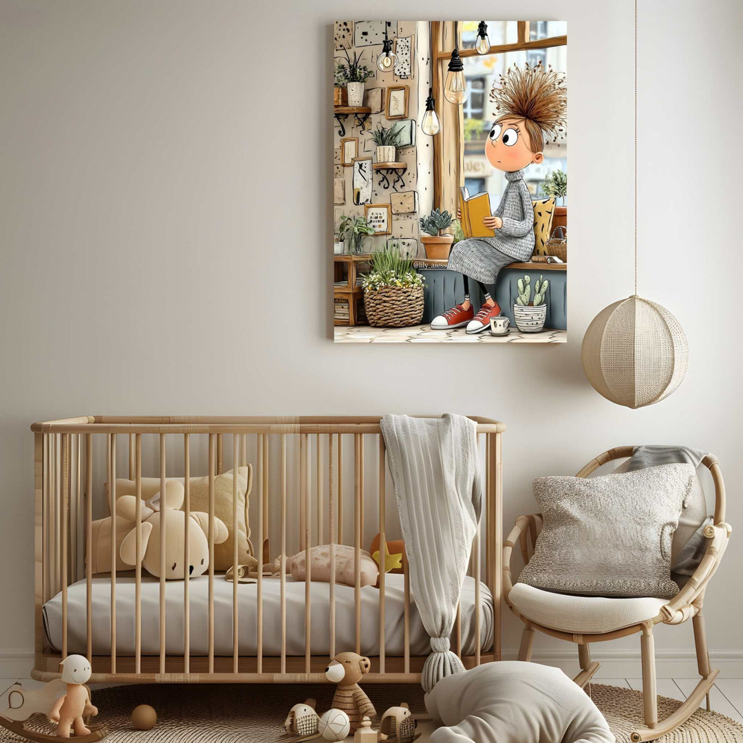 Whimsical girl reading canvas art with cozy window scene and warm lighting