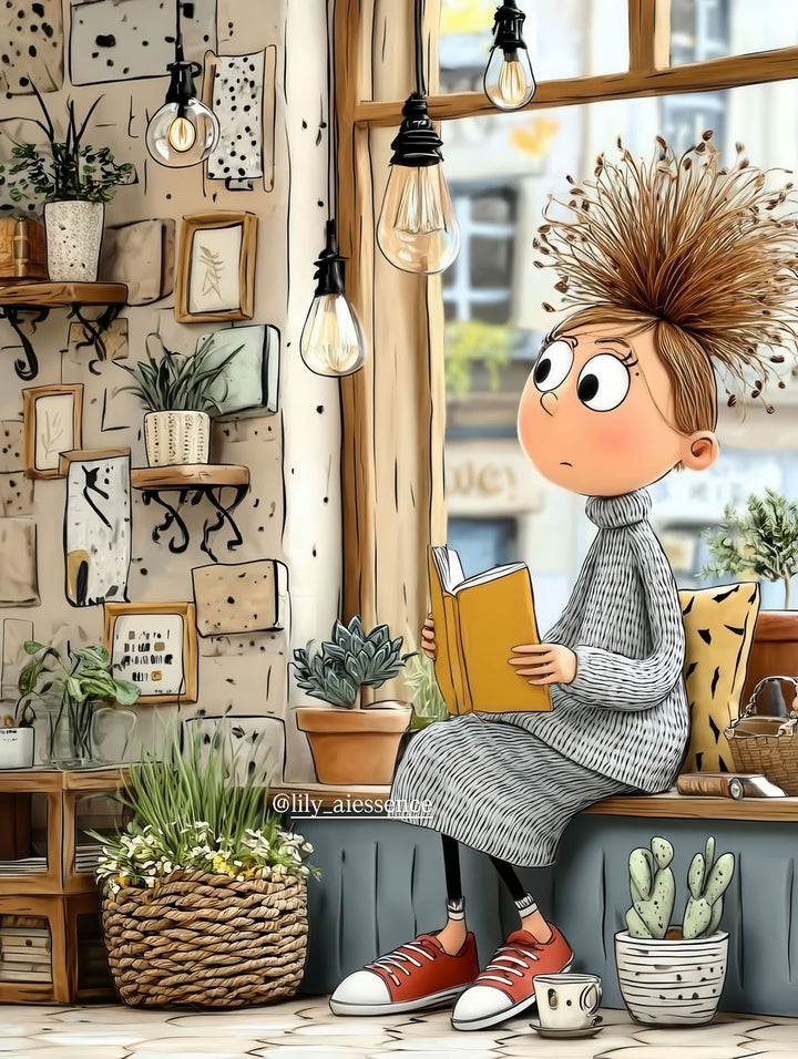 Whimsical girl reading canvas art with cozy window scene and warm lighting
