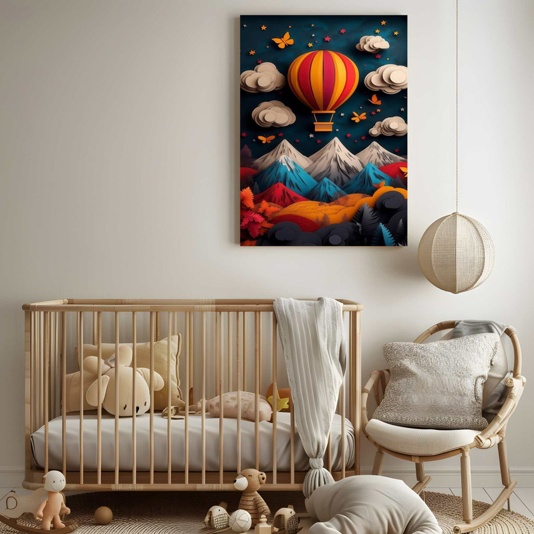 Colorful hot air balloon canvas art with stylized mountains and butterflies in paper-cut style