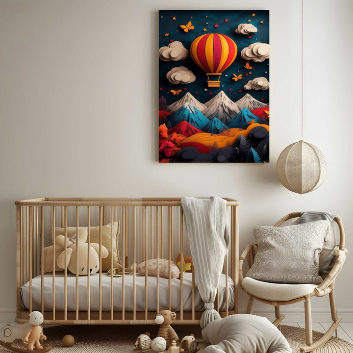Colorful hot air balloon canvas art with stylized mountains and butterflies in paper-cut style