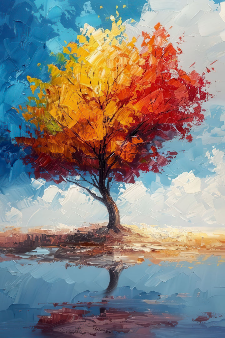 Colorful tree reflection canvas art with vibrant red, yellow, and blue tones on water in frameless design