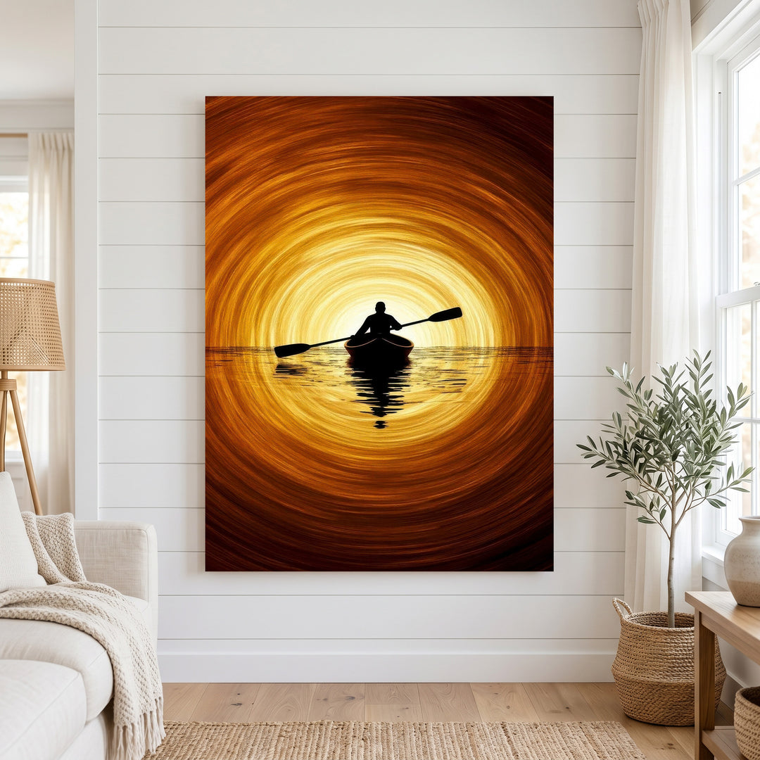 Golden Journey Canoe Canvas Art silhouette of canoeist on calm water with glowing golden horizon