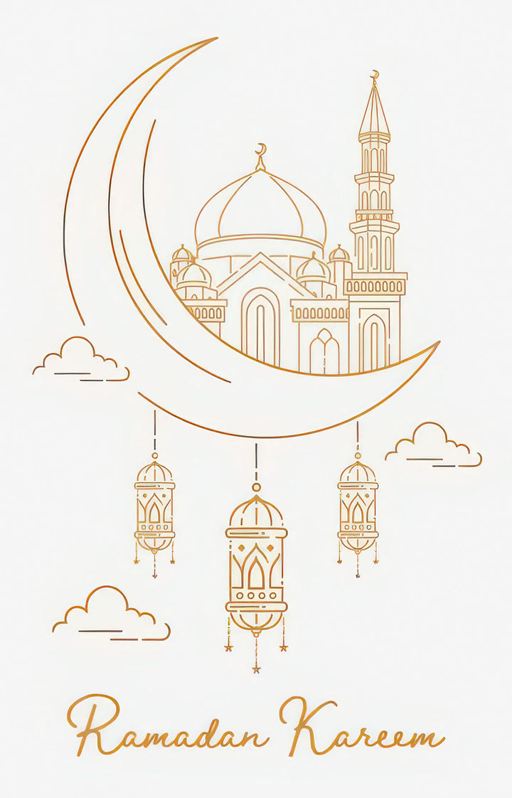Ramadan Kareem Mosque canvas art with golden mosque and crescent moon illustration and hanging lanterns on ivory background