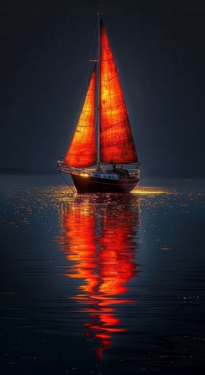 Crimson Sail Reflection Canvas showing glowing crimson-sailed sailboat reflecting on calm night water
