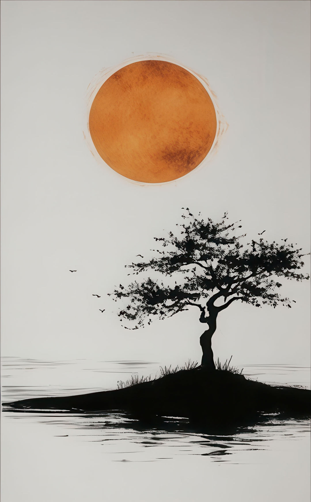 Minimalist Tree & Sun Canvas Wall Art with solitary tree, warm sun, and water reflection in modern MDF frame