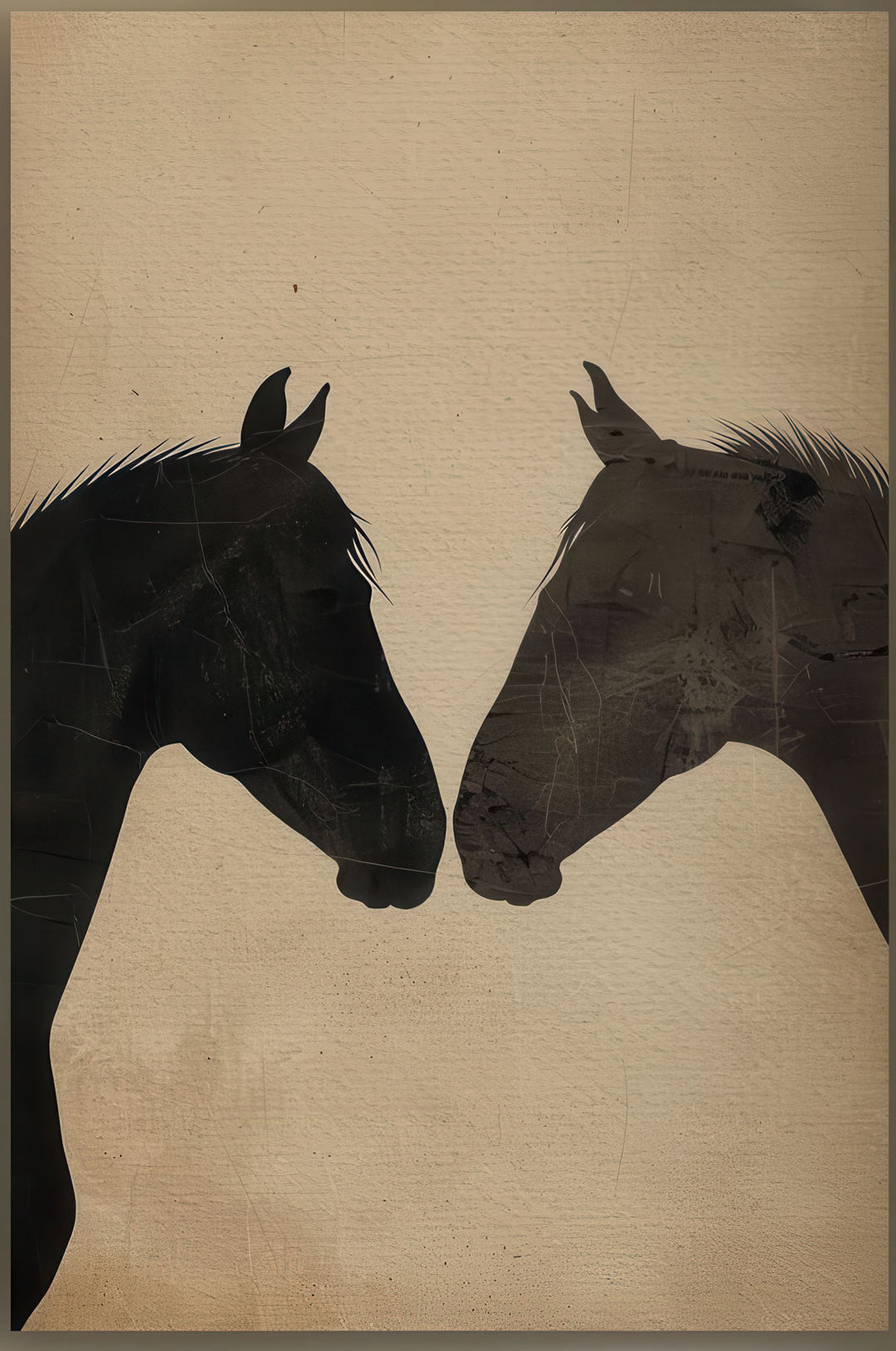 Minimalist horses silhouette artwork on warm neutral canvas with MDF frame and glass front panel