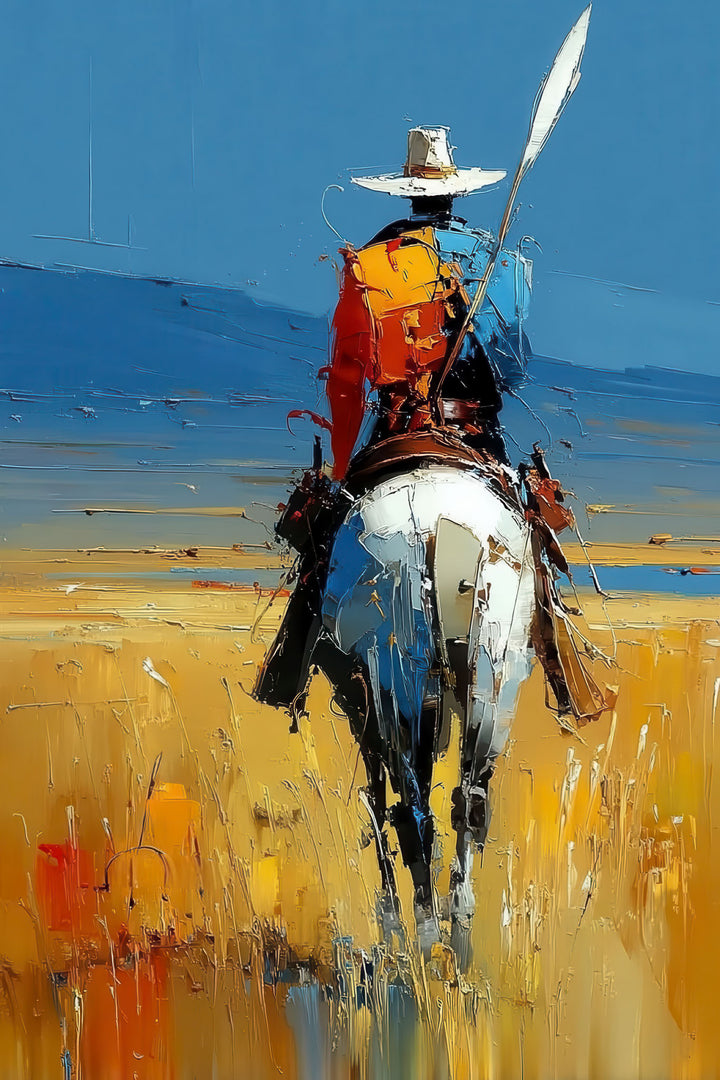 Lone Rider Abstract Canvas Art of rider crossing golden landscape under blue sky in modern MDF frame