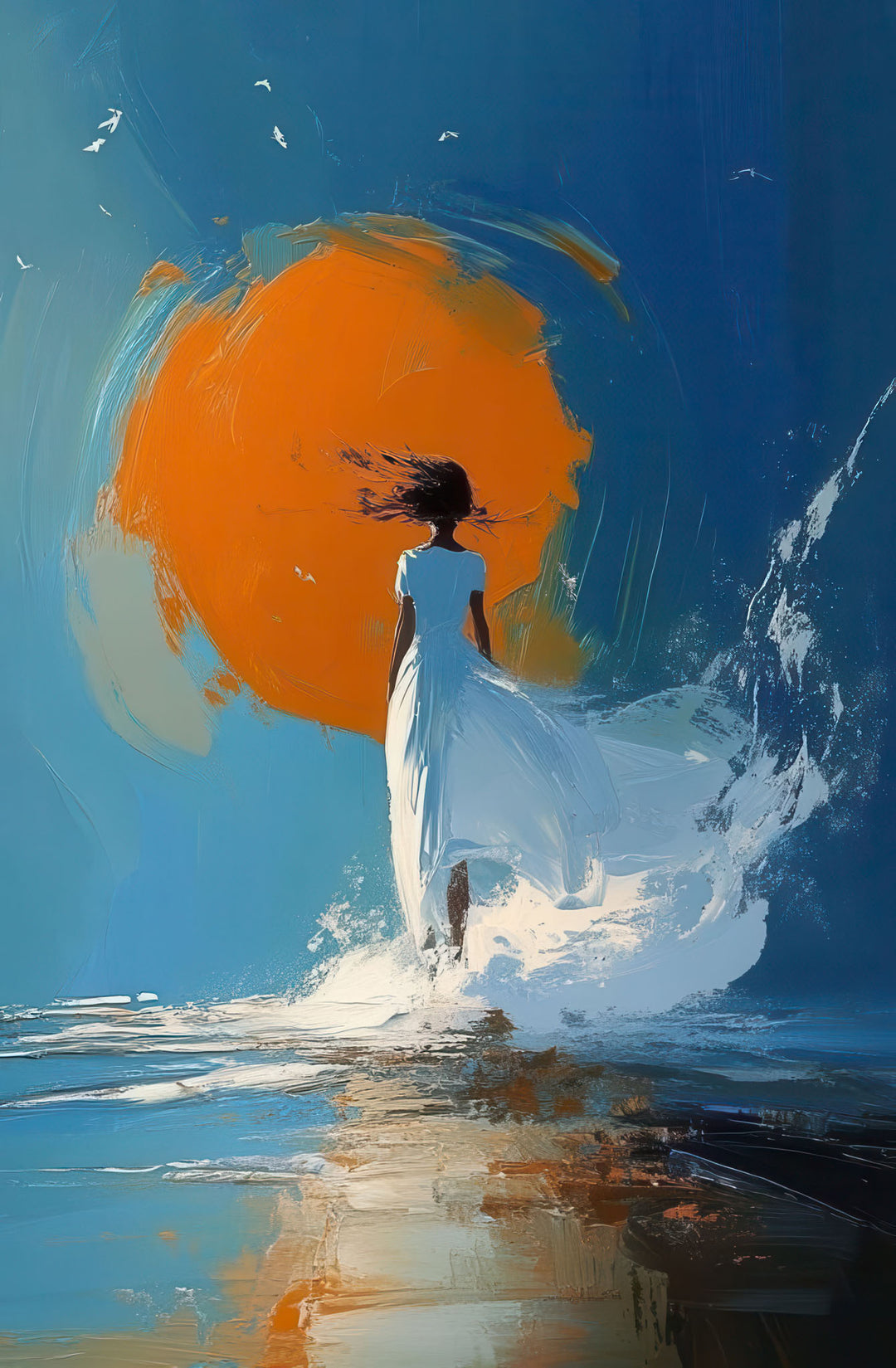 Woman walking in shallow water at sunset on canvas artwork with MDF frame