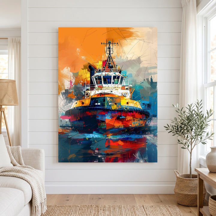 Colorful abstract tugboat canvas art with expressive brush strokes in MDF frame, perfect for modern coastal decor