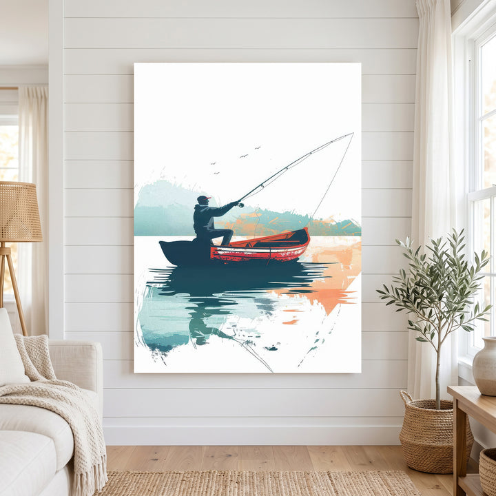 Minimalist fisherman boat canvas art with serene lone fisherman and soft reflections on water