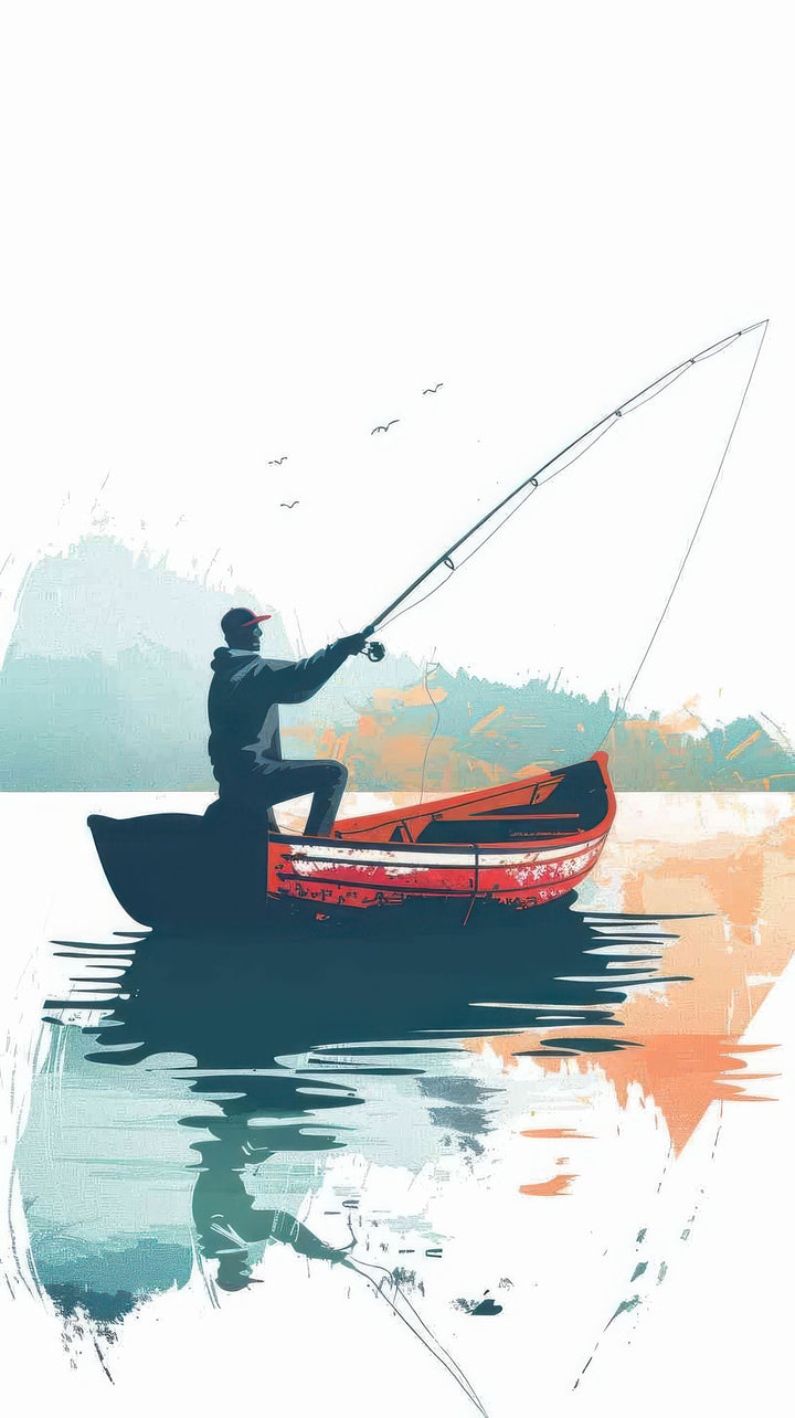 Minimalist fisherman boat canvas art with serene lone fisherman and soft reflections on water