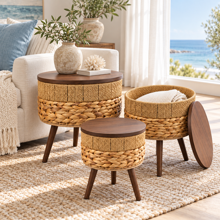 Set of 3 Natural Woven Storage Tables with Wooden Lids
