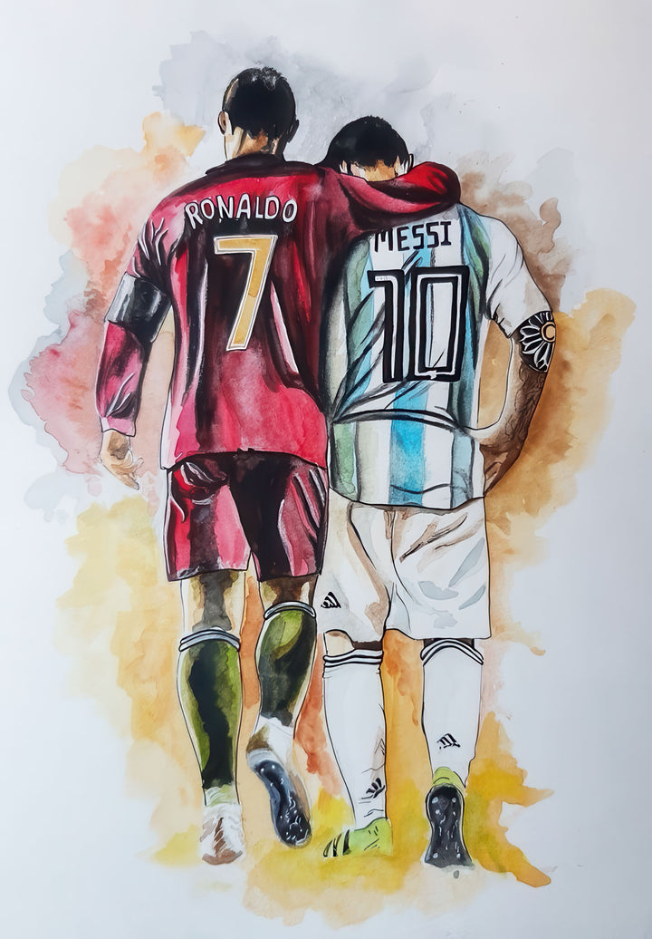 Watercolor-style Ronaldo & Messi Legacy Canvas with MDF frame and glass front panel, showcasing legendary football rivalry and friendship