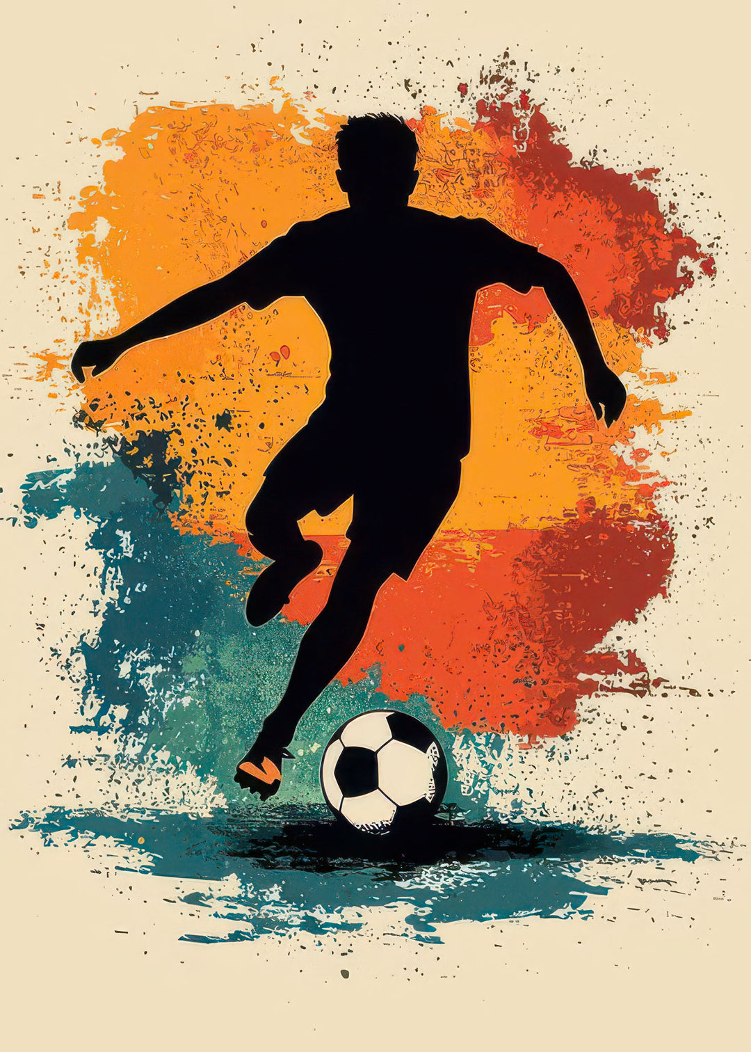 Abstract football player canvas art with vibrant orange and teal tones in MDF frame