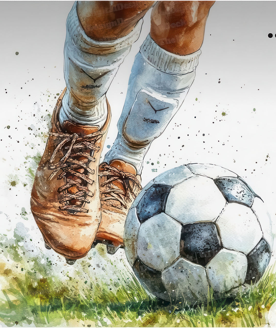 Dynamic watercolor football moment canvas art with detailed boots and ball in motion on premium framed canvas