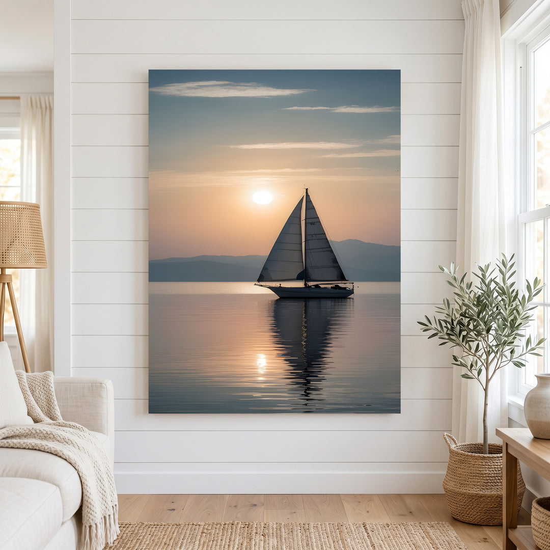 Serene sailboat sunset on calm waters canvas art with MDF frame and glass front