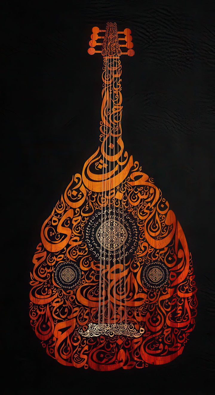 Arabic calligraphy oud artwork on black canvas with MDF frame and glass front panel