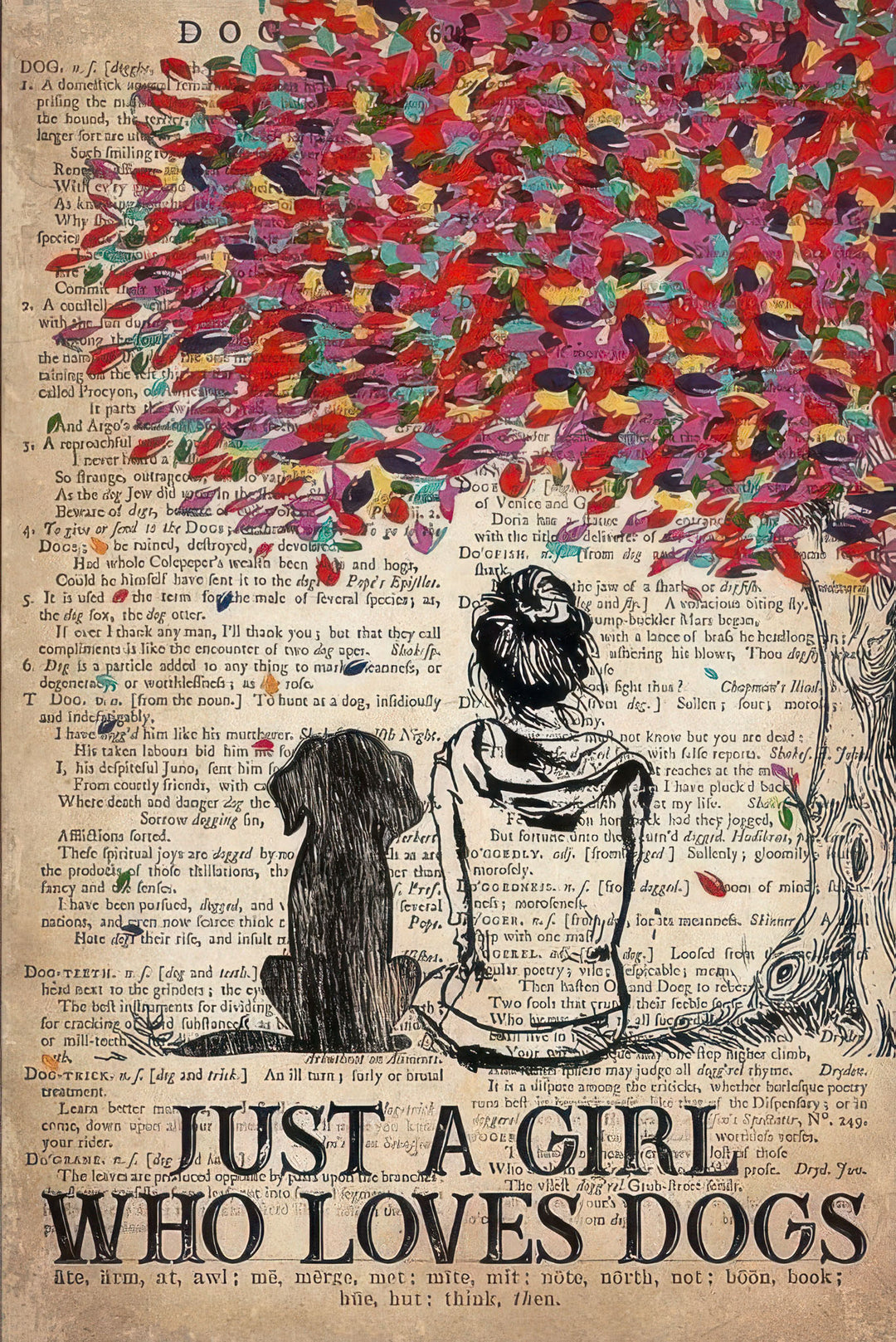 Heartwarming Girl & Dog Canvas Wall Art with vintage-style colorful abstract tree on premium canvas