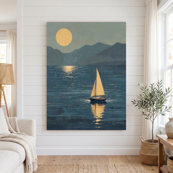 Moonlit sailboat gliding on calm water under glowing moon on premium canvas