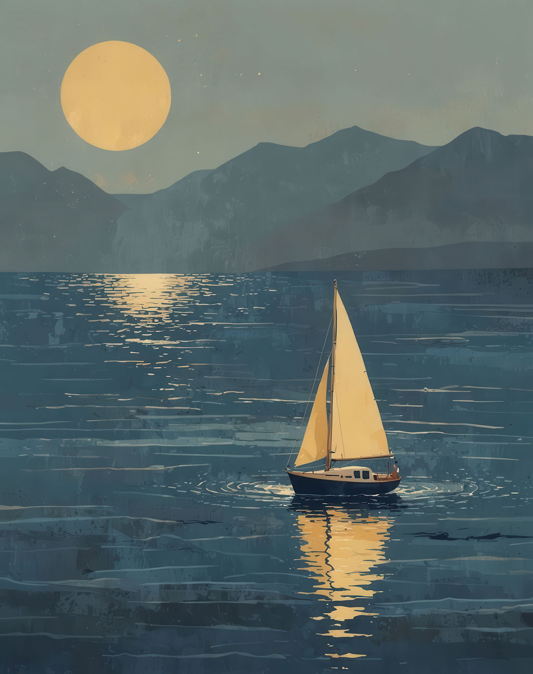 Moonlit sailboat gliding on calm water under glowing moon on premium canvas